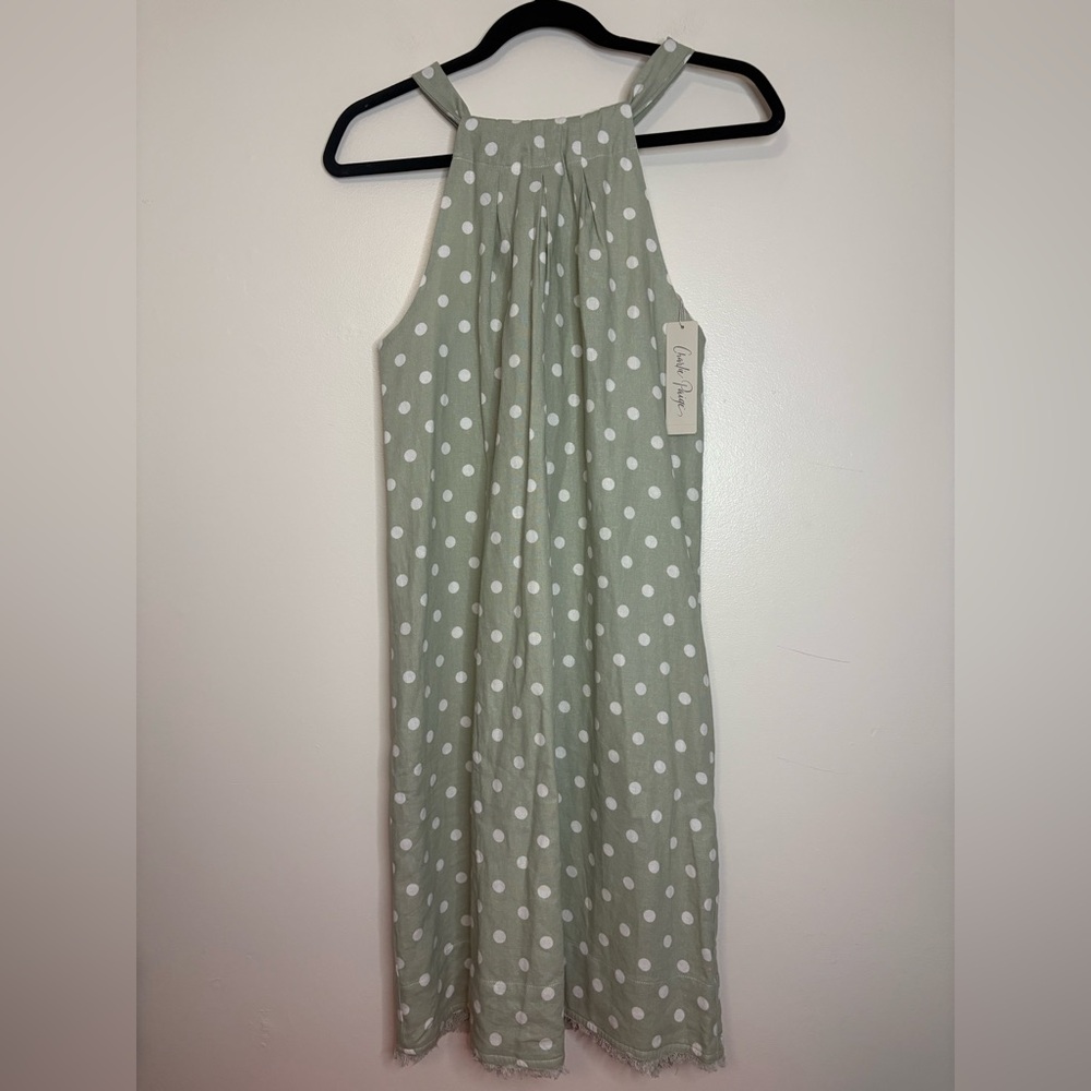 Charlie Paige Green Polka Dot Halter Midi Dress Linen Blend Tie Back NWT Small‎